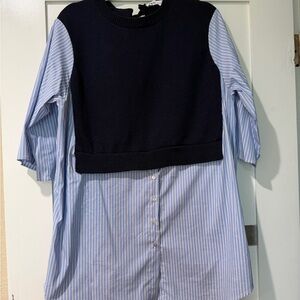 Layered Blue Stripe Shirt tunic with Navy Knit Overlay